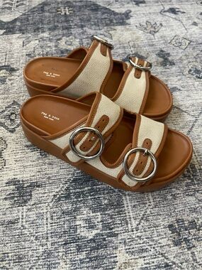 Rag n Bone | Geo Buckle Platform Slide Sandal Brown Leather Adjustable Size 37